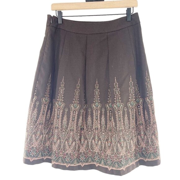 Ann Taylor Loft Petites 6P Brown Embroidered Lined Flare Skirt Western Boho a - Picture 2 of 12